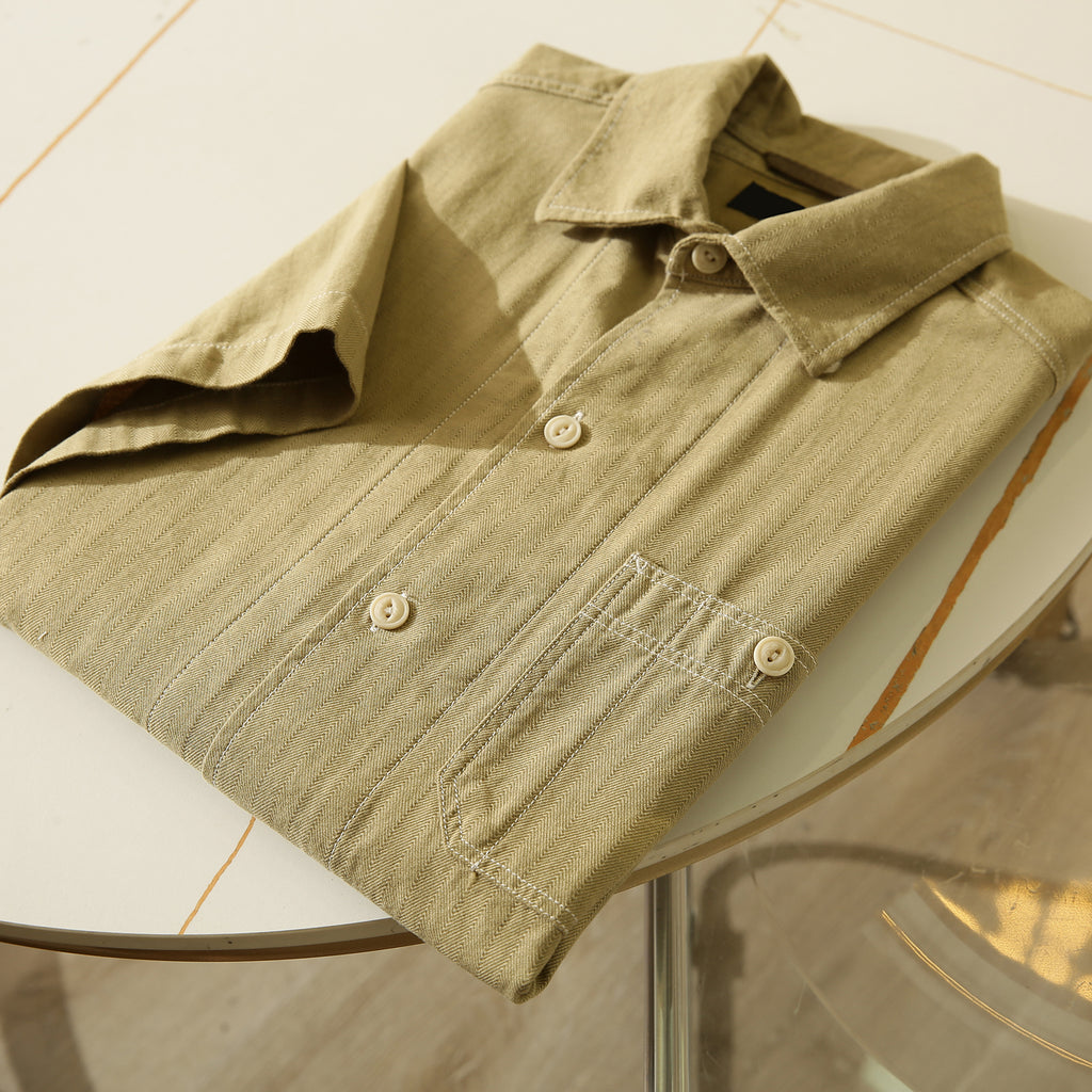 100% Cotton Herringbone Summer Men's Loose Casual Short Sleeve Work Shirt Top