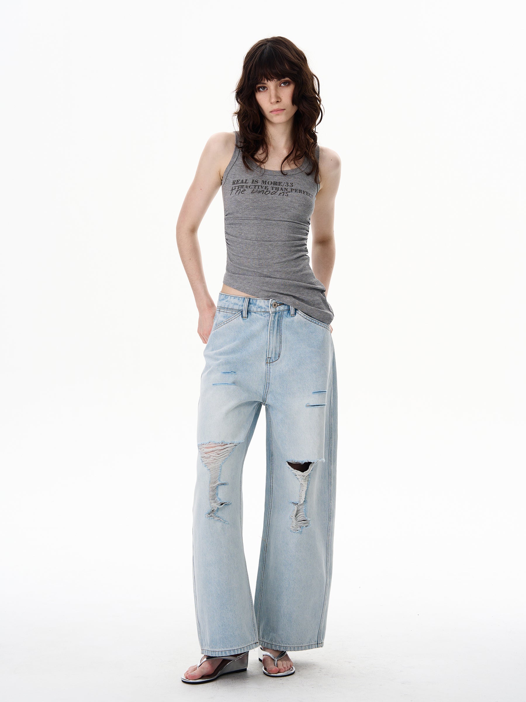 American Style Distressed Light Blue Jeans Trendy Brand Men's Cool Street Style High-End Pants