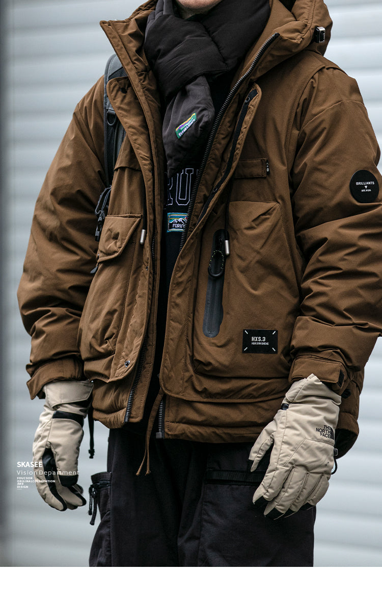 Winter Workwear Hooded Down Jacket Men's Trendy Loose Outdoor Multi-Pocket Functional 90% White Duck Down Warm Coat Trendy