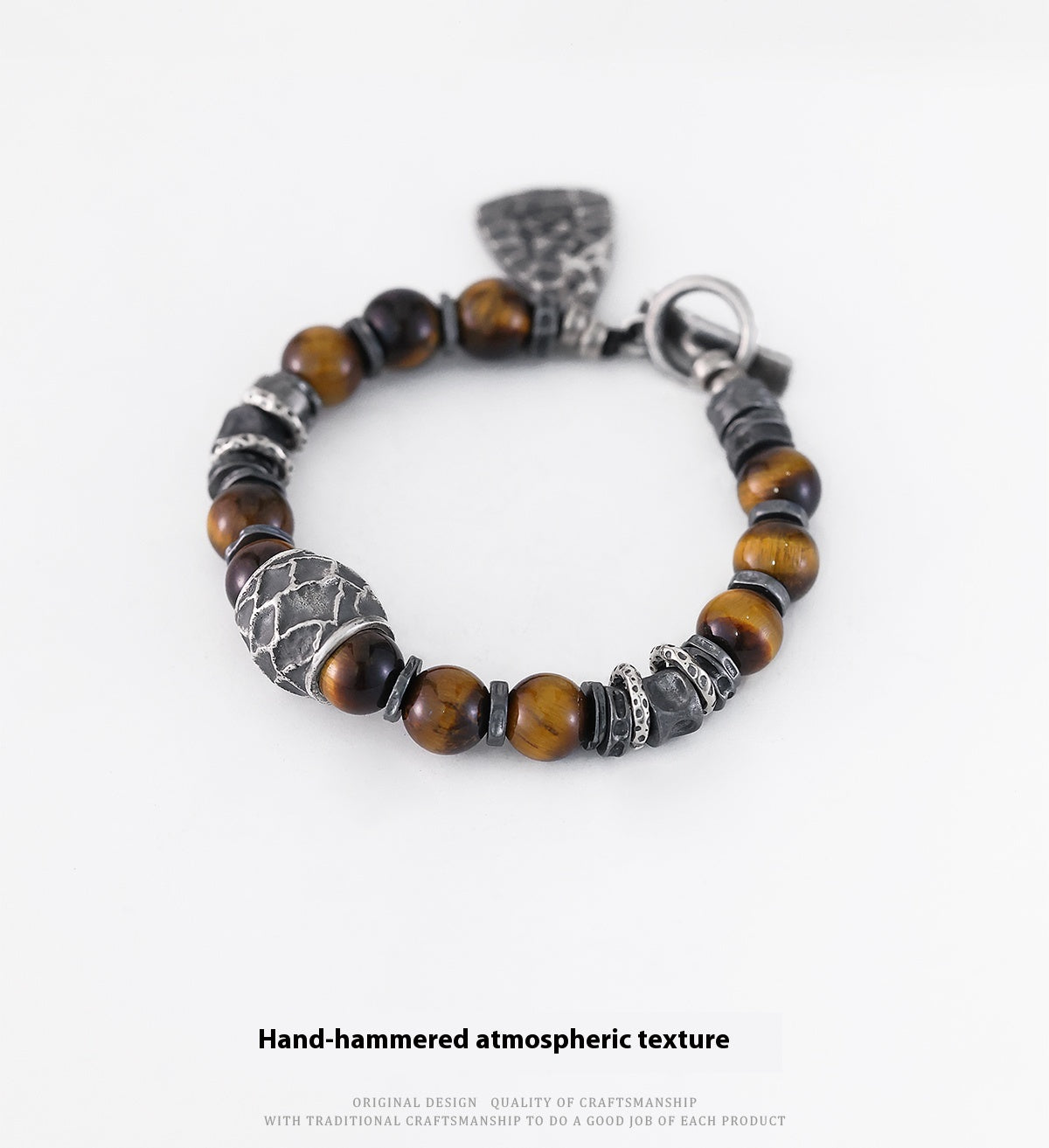 Yinshu Original Handmade &lt;Hammered&gt; Bracelet for Men Niche 999 Pure Silver Tiger Eye Stone Men's Vintage Bracelet