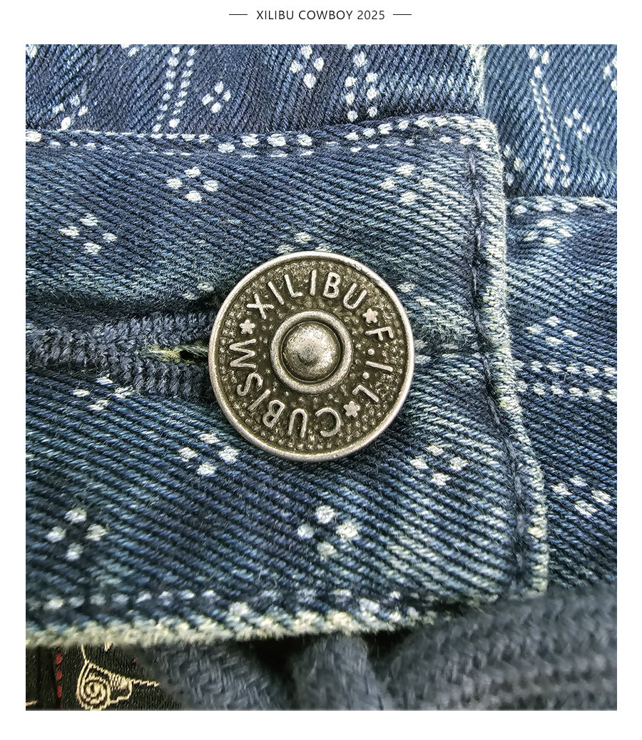 Blue Dyed Jacquard Loose Fit Scimitar Cropped Pants Japanese Retro Style with Large Pockets Casual Mid-Length Shorts