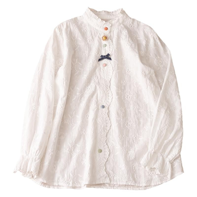 Japanese Style Ruffled Stand Collar Shirt – Color-Button Bow Long Sleeve Top