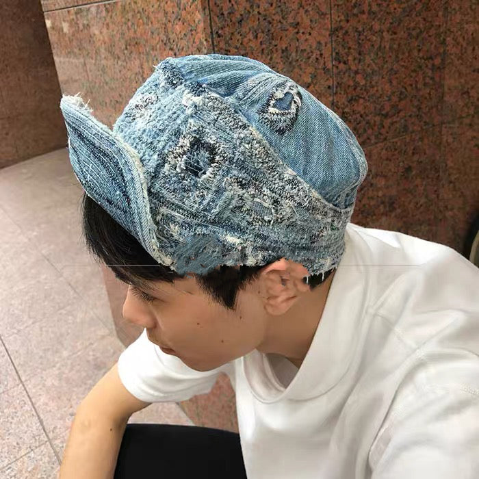 Old Man and the Sea Casual Distressed Denim Retro Sunshade Flat Brim Hat