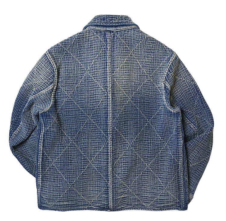 Retro Sashiko Washed Double-Breasted Jacket – Heavy Indigo Denim Workwear (Unisex)