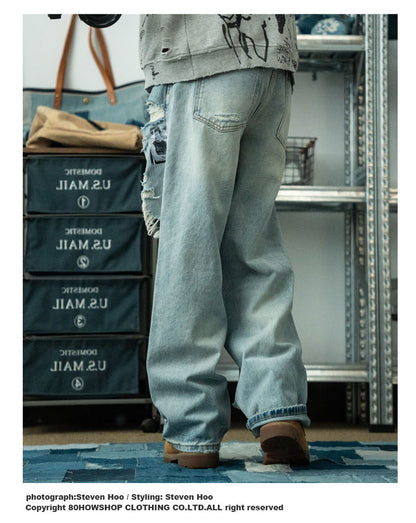 Retro Washed Graffiti Print Crewneck Sweatshirt – Distressed Loose Unisex