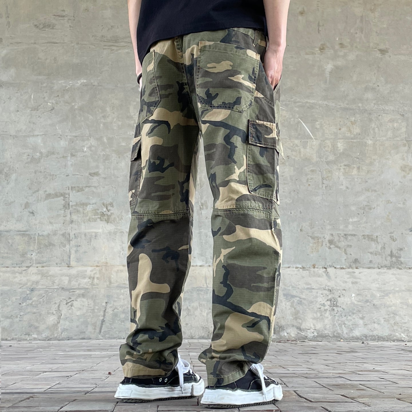 Men's American Street Retro Cargo Pants - Camouflage Heavy Washed Ripped Straight-Leg Pants