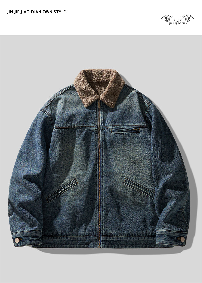 High Street Retro Washed Lamb Wool Denim Jacket – Thickened Warm Winter Cotton Coat for Men