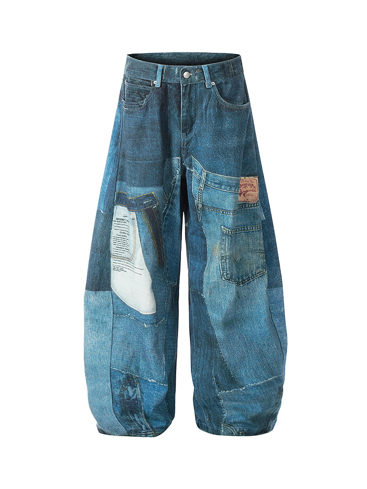 Printed Washed Denim Fabric Creative Design Color Block Feel Scimitar Pants Wide Leg Jeans