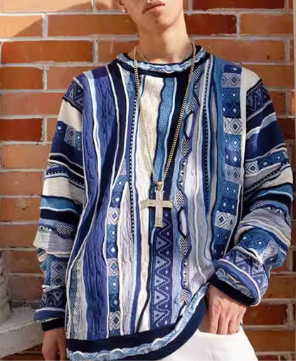 Medria Men's Retro Cleanfit Sweater - Bitter Melon Stripe Ethnic Texture Pullover