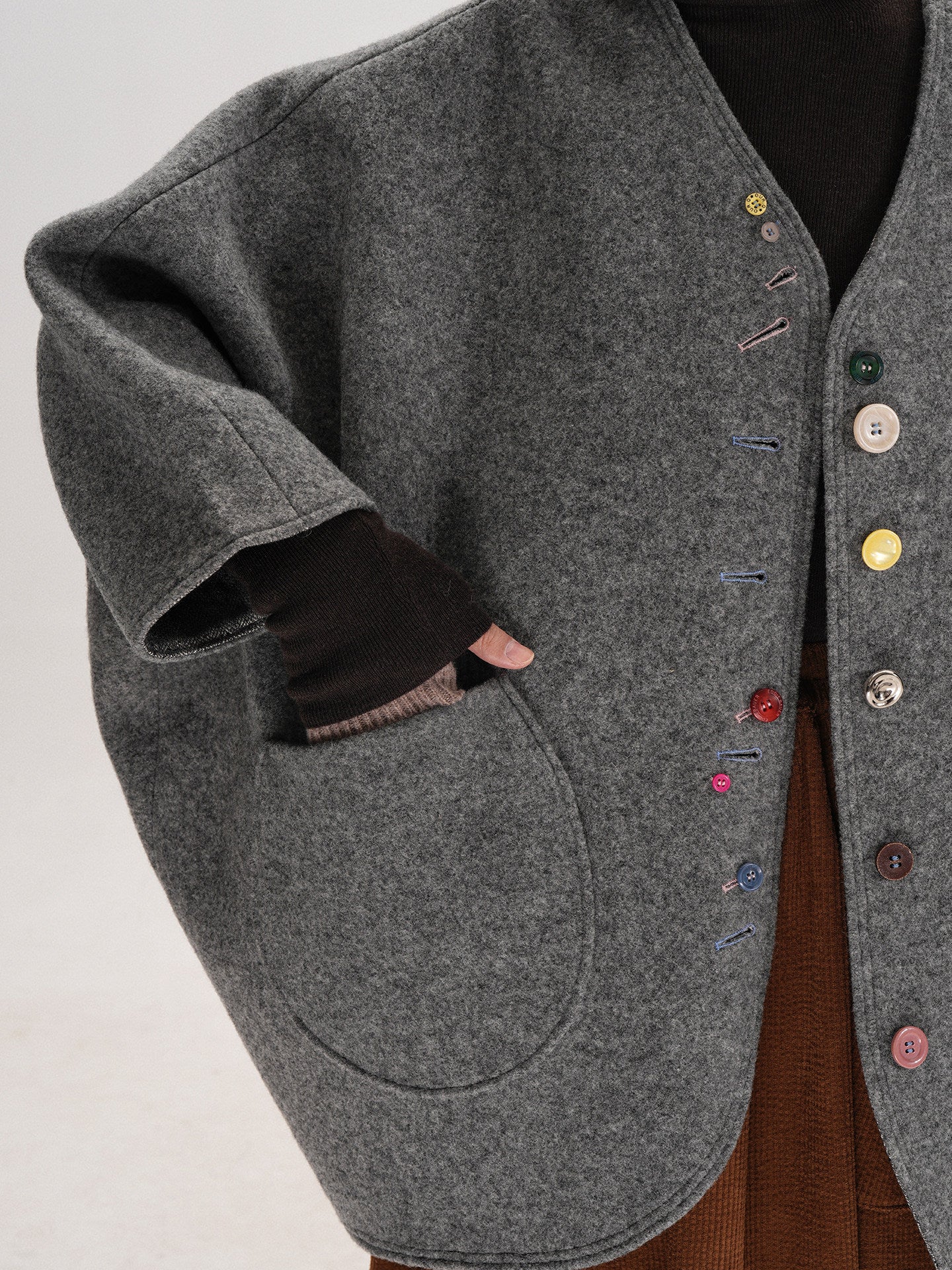 Smoke Gray Composite Wool Batwing Sleeve Cardigan - Irregular Button Coat (Women)