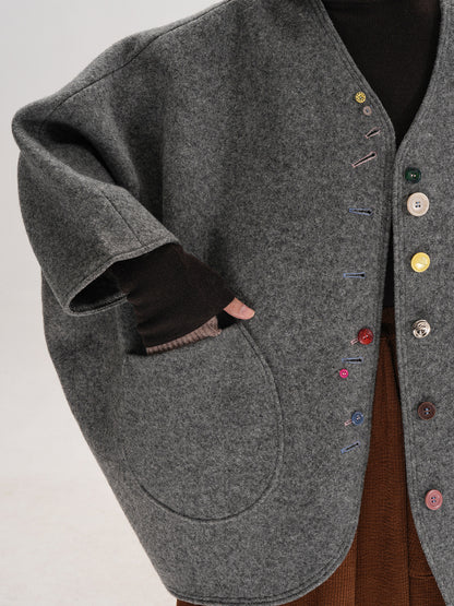 Smoke Gray Composite Wool Batwing Sleeve Cardigan - Irregular Button Coat (Women)
