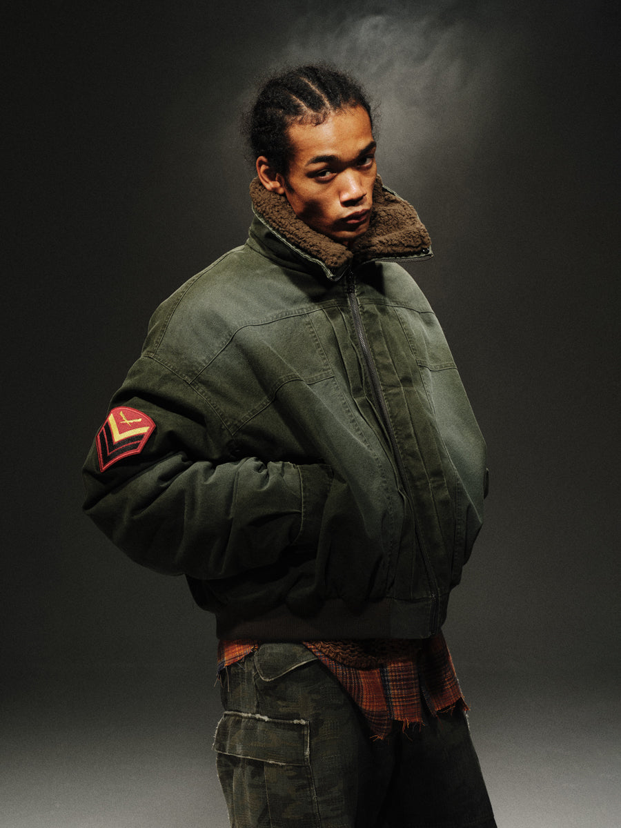 24aw Washed Green Vintage Jacket Cotton-Padded Coat Distressed Epaulet Fur Collar Thickened Coat