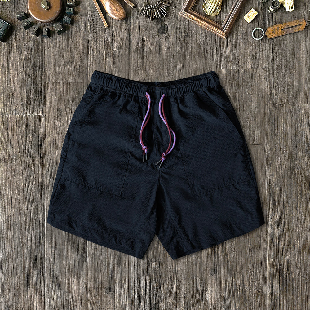 Japanese Navy Blue Seersucker Waist Strap Shorts Breathable Quick-Drying Loose Mountain Simple