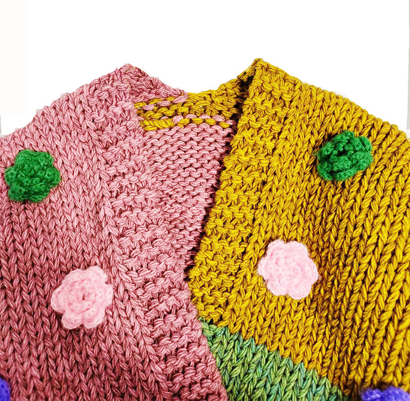 Original Handmade Knitted Lazy Thick Sweater Cardigan for Women Autumn Winter Color Block Patchwork Knitwear