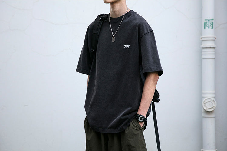 320G Heavyweight Washed Distressed Short Sleeve T-Shirt – Letter Embroidery Vintage Tee for Men – Japanese vintage | yamalin clothes | Yamalinclothes