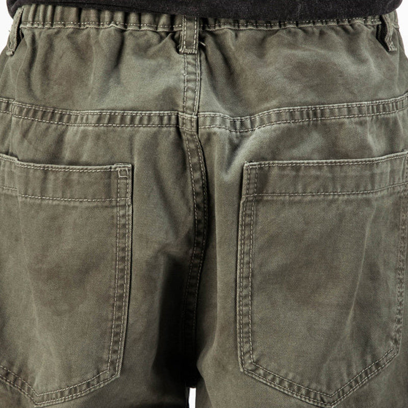 Army Green Straight Loose Elastic Waist Workwear Jeans – Unisex Casual