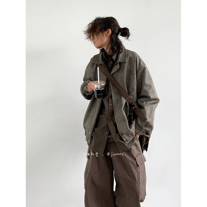 American Vintage PU Leather Moto Jacket – Unisex Loose Biker Coat