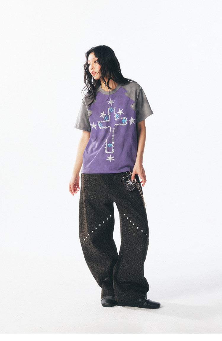 Irregularly patterned patchwork short-sleeved T-shirt – Japanese vintage | yamalin clothes | Yamalinclothes