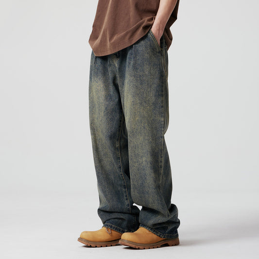Vintage washed yellow mud dyed wide-leg jeans men's loose new straight-leg pants American trendy brand versatile men's pants