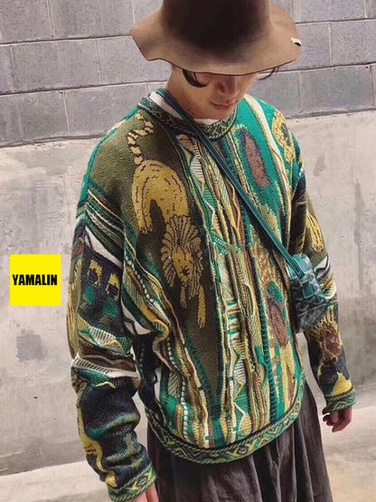 Vintage Green Lion Knit Sweater - Japanese Retro Crew Neck Pullover