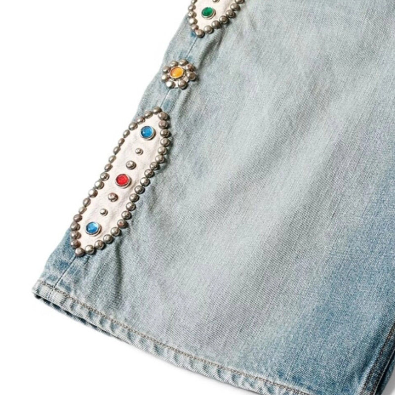 Japanese Retro Washed Denim Shorts – Gemstone Stud Detail Casual Streetwear