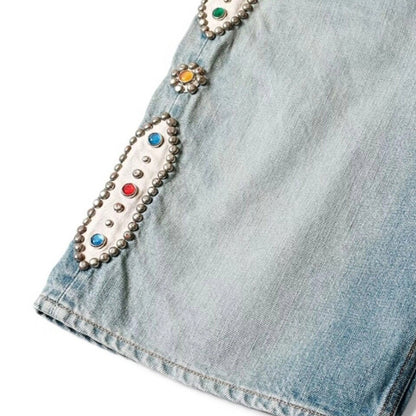 Japanese Retro Washed Denim Shorts – Gemstone Stud Detail Casual Streetwear