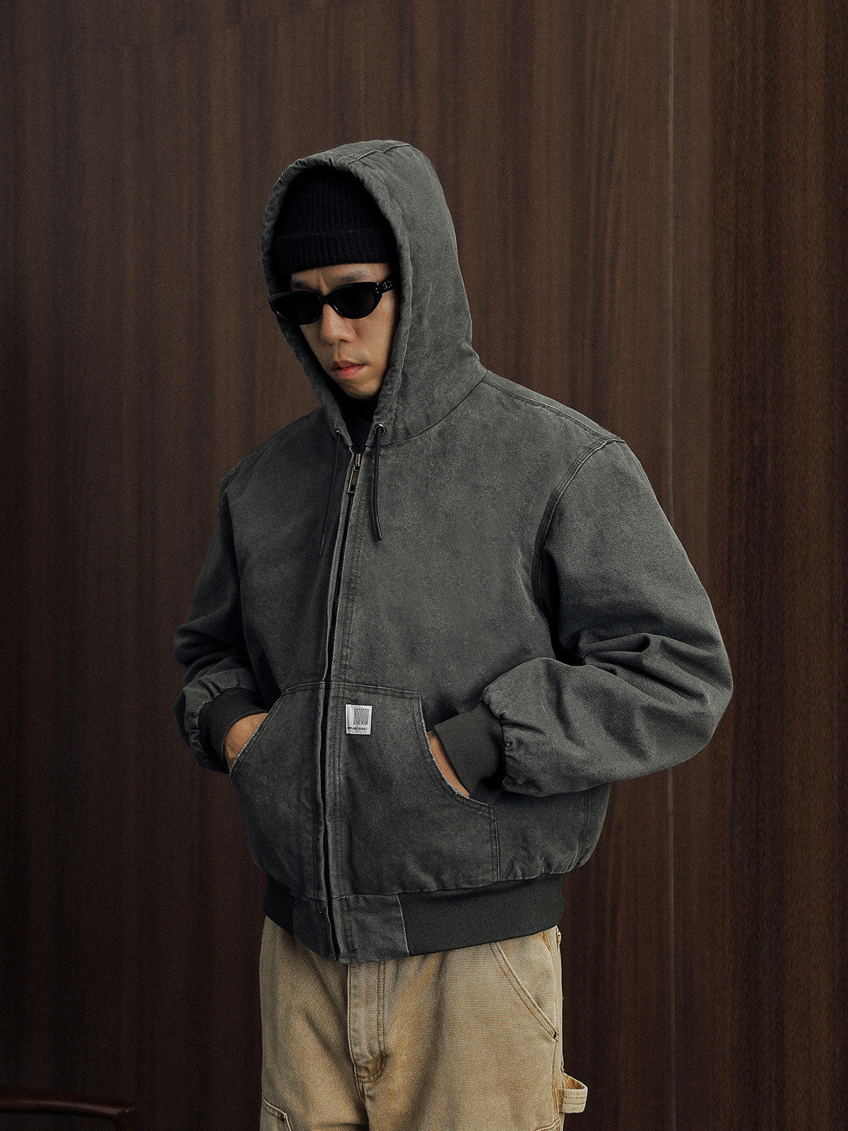 Vintage Wash Distressed Cargo Hoodie Jacket – Thermal Insulated Men's Coat