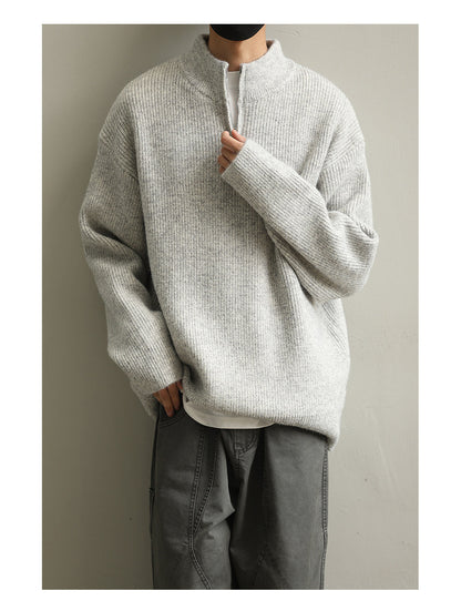 Stand Collar Half-Zip Pullover Sweater – Japanese Loose Unisex – Sweater pullover | japanese streetwear | vintage workwear | unisex | Yamalinclothes