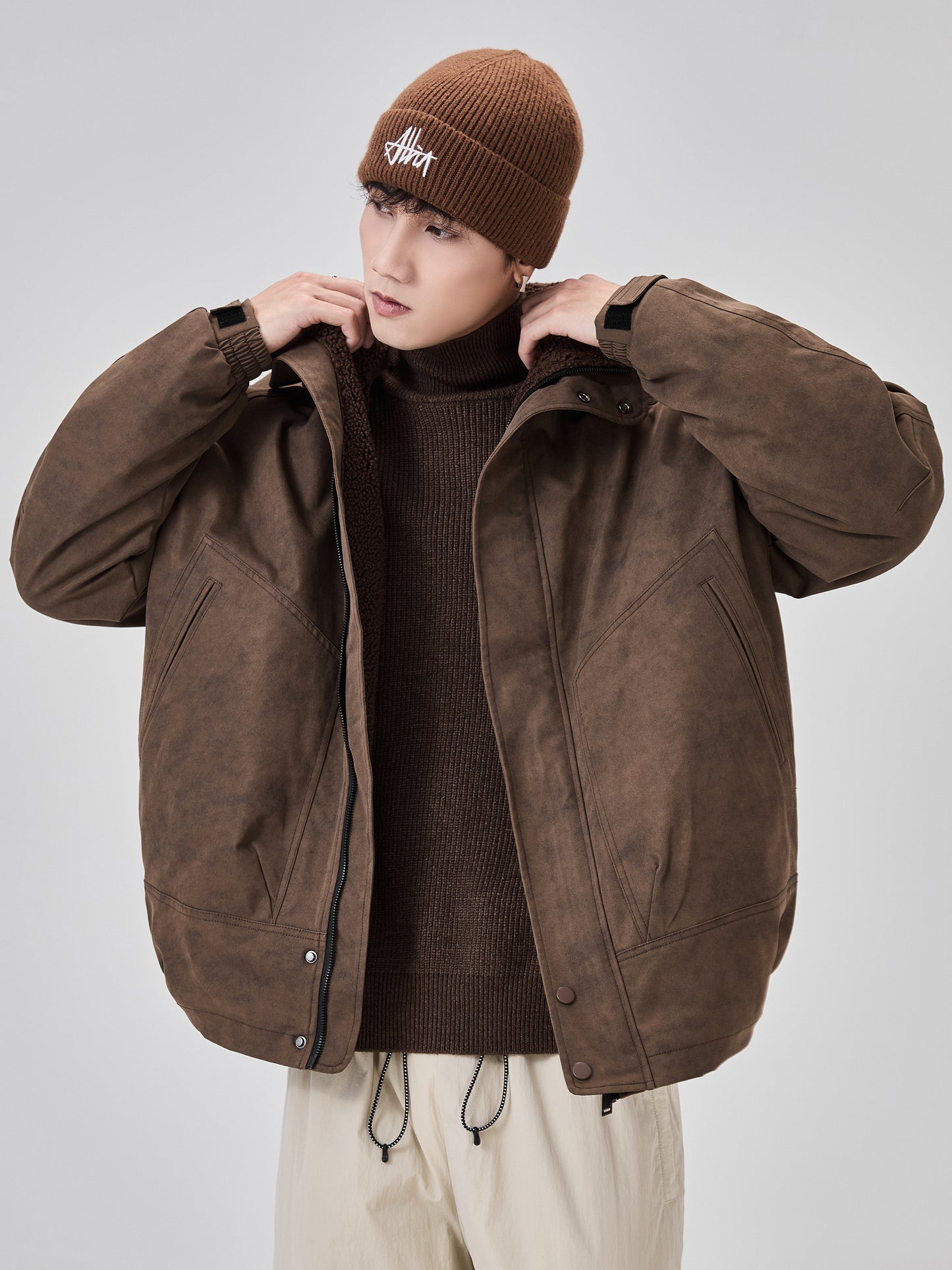 American vintage brown jacket for men, spring/autumn Merrad fleece-lined thickened loose motorcycle couple jacket – Japanese vintage | yamalin clothes | Yamalinclothes