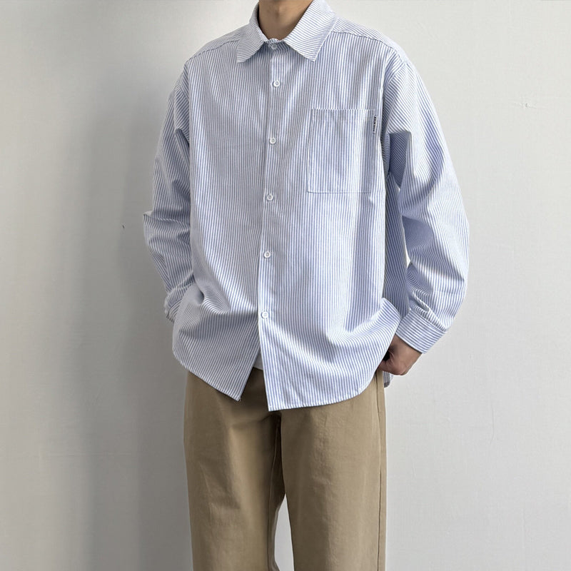 Japanese Vintage Blue & White Striped Oxford Cargo Shirt – Loose Fit Lapel Long Sleeve – Japanese vintage | yamalin clothes | Yamalinclothes