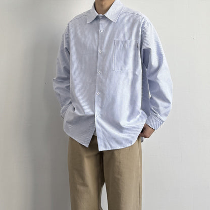 Japanese Vintage Blue & White Striped Oxford Cargo Shirt – Loose Fit Lapel Long Sleeve – Japanese vintage | yamalin clothes | Yamalinclothes