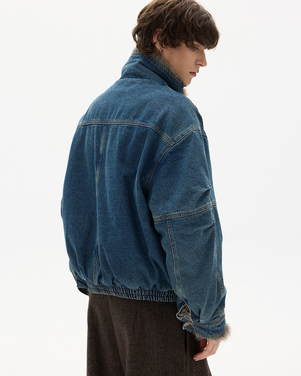American Vintage Deconstructed Washed Denim Fur-Collar Jacket – Oversized Unisex Trucker Coat