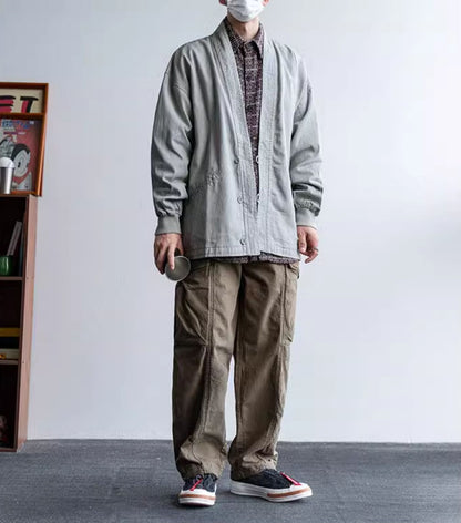 Solid Cotton V-Neck Robe Jacket – American Retro Oversized Unisex – Japanese vintage | fall outfits 2026 | fall winter outfits | classy winter outfits | lazy comfy outfits | japanese streetwear | vintage workwear | yamalin clothes | Yamalinclothes