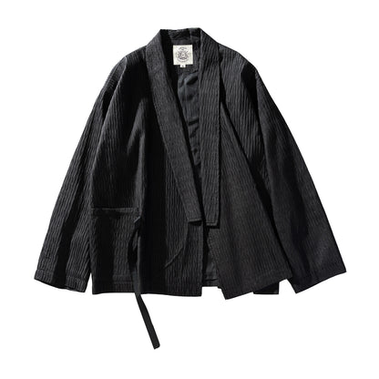 Japanese Kami-Print Haori Kimono Jacket – Lapel Buckle Pleated Oversized Coat – Japanese vintage | yamalin clothes | Yamalinclothes