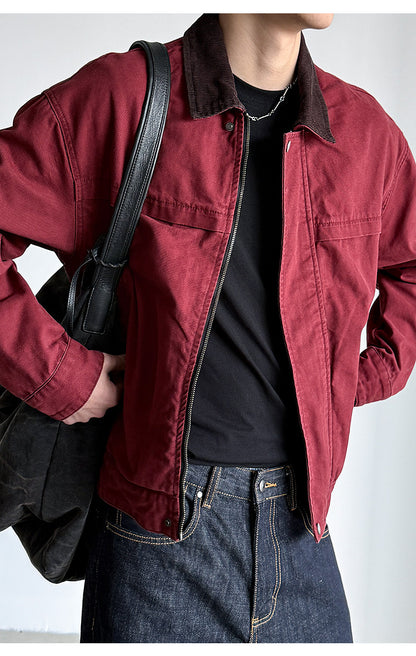 Cotton Canvas Jacket – Washed Red & Corduroy Collar | Yamalinclothes