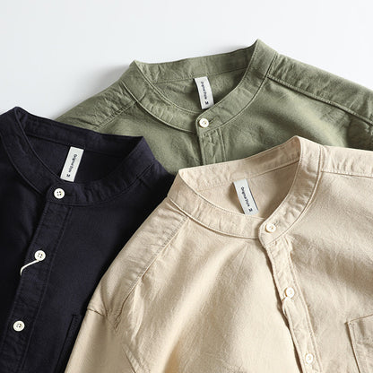 Japanese Literary Retro Stand Collar Long Sleeve Shirt - Loose Casual Unisex Pure Cotton Shirt