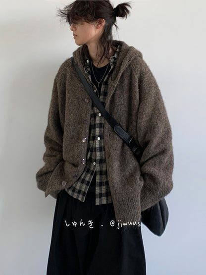 Vintage Hooded Knit Cardigan – Loose Unisex Lazy Style – Japanese vintage | yamalin clothes | Yamalinclothes