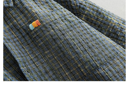 Retro Seersucker Plaid Shirt – Loose Fit Japanese Summer Short Sleeve for Men – Japanese vintage | yamalin clothes | Yamalinclothes