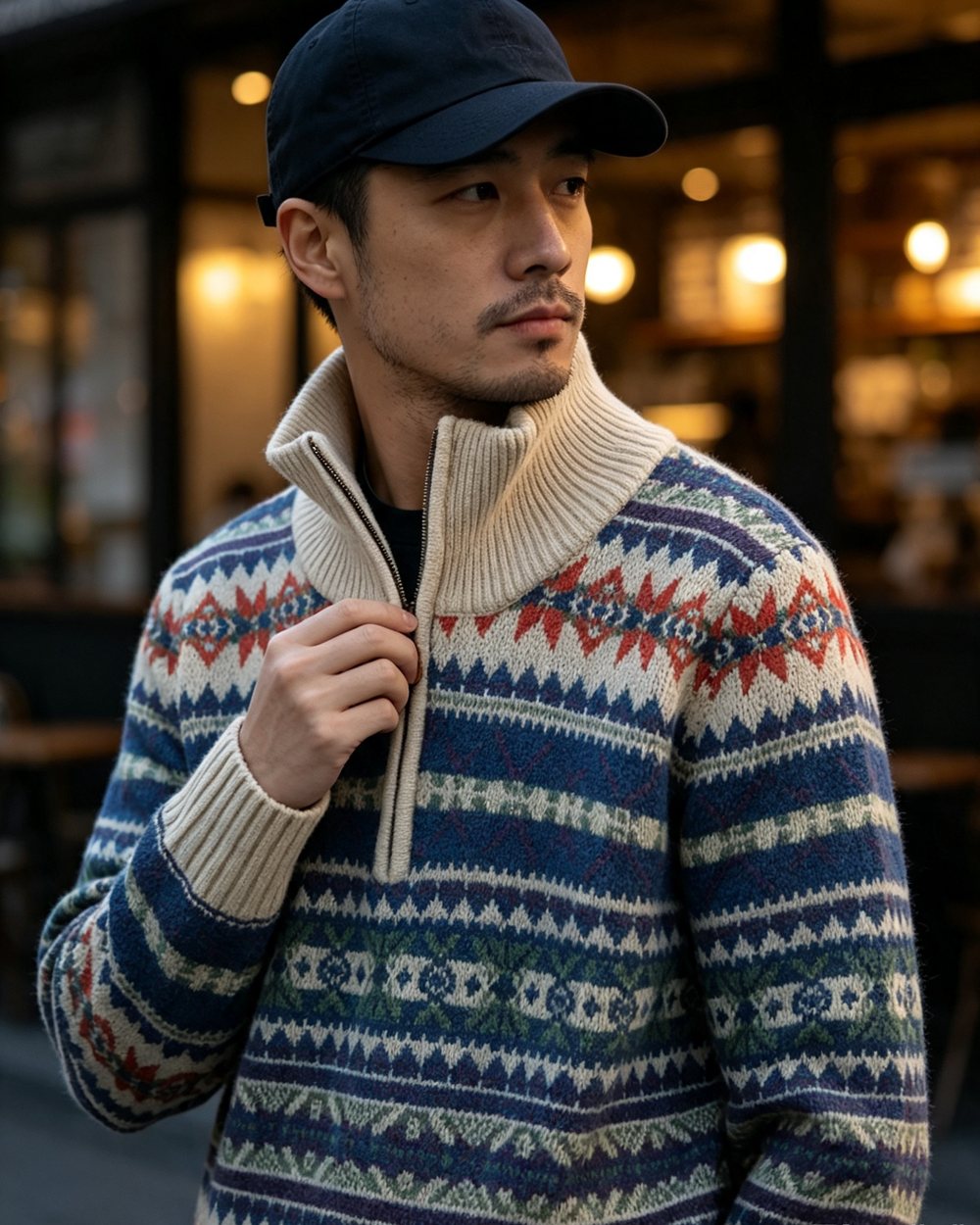 100% Wool Half-Zip Jacquard Stripe Sweater – Men's Ethnic Knit Pullover Khaki