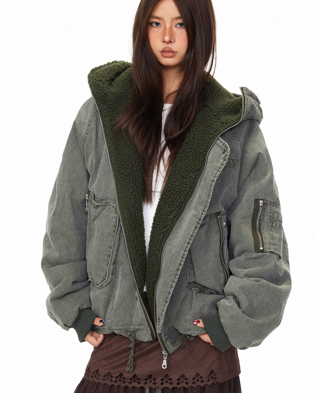 Polar Fleece Hooded Denim Cargo Jacket – Thickened Oversized Unisex