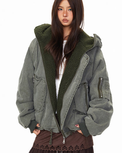 Polar Fleece Hooded Denim Cargo Jacket – Thickened Oversized Unisex