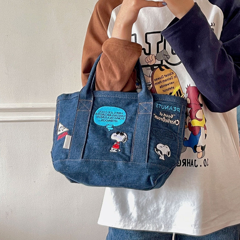 Denim Canvas Embroidery Tote Bag – Cute Cartoon Portable Handbag
