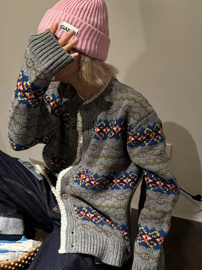Fair Isle Lace Trim Wool Cardigan – Vintage Knit Jacket Women