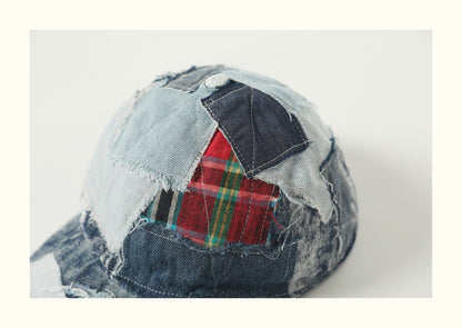 Vintage Patched Distressed Denim Baseball Cap – Japanese Workwear Unisex Adjustable Hat