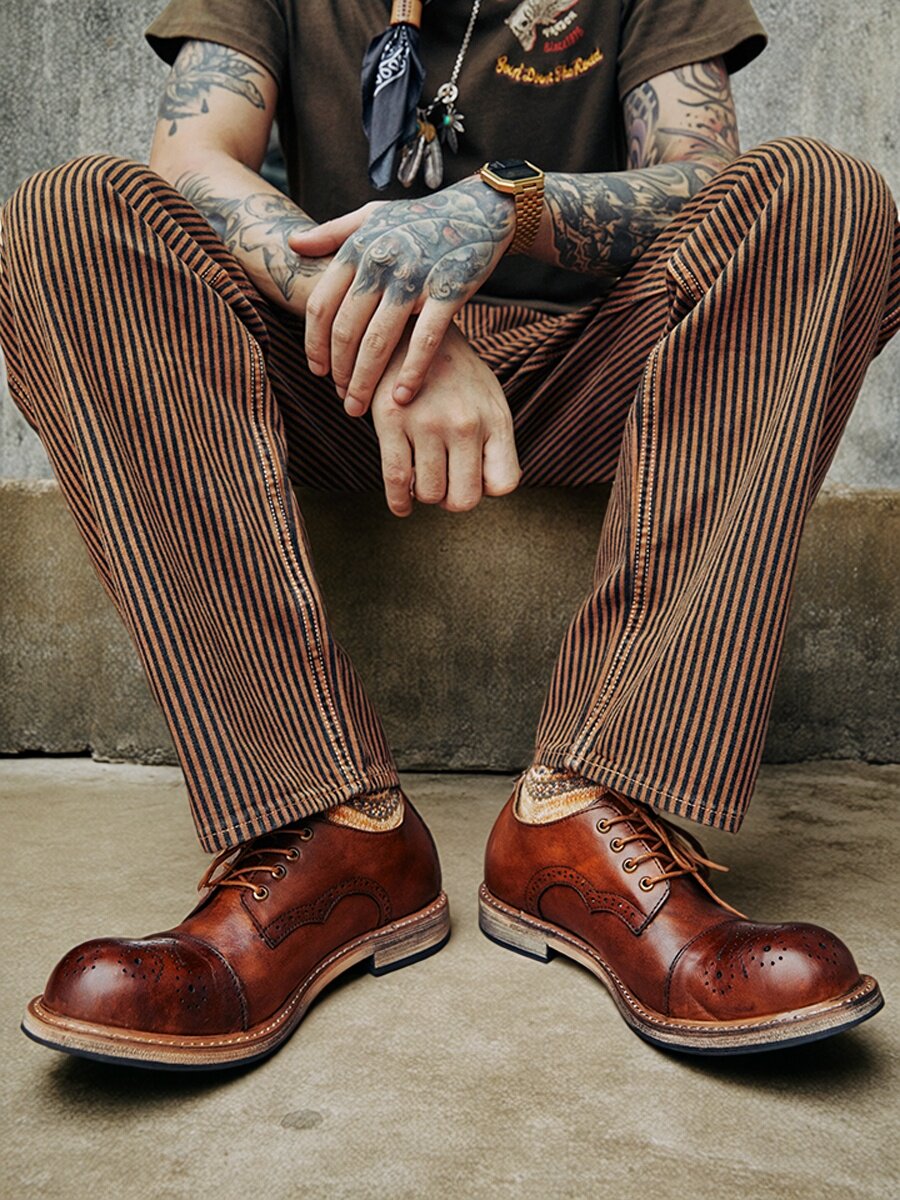 Vintage Brogue Carved Cowhide Leather Shoes – Men's Distressed Brown