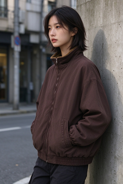 Sherpa-Lined Jacket – Stand Collar & Relaxed Fit | Yamalinclothes
