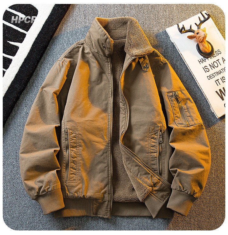 Lambswool Stand Collar Workwear Bomber Jacket – Fleece Lined Unisex Winter
