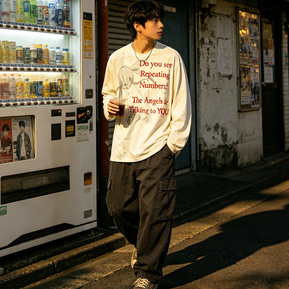 Japanese Black Red Washed Long Sleeve Tee – Punk Irregular Print Streetwear – T-shirt | japanese streetwear | vintage workwear | unisex | Yamalinclothes