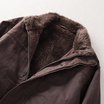 Faux Fur-Lined Jacket – Stand Collar & Gathered Hem | Yamalin clothes | Vintage workwear outfit for men