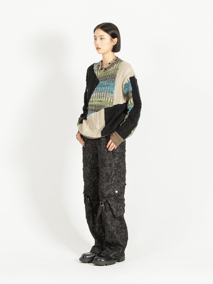 Heavy-weight twisted patchwork gradient back collar camel wool sweater